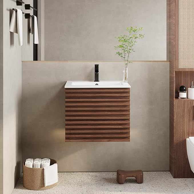 eclife 24" Floating Bathroom Vanity with Sink Combo Mid-Century Wall Mounted Cabinet with Wood Stripes Decor, Drawers, Undermount Sink, Faucet, Drain, Cocoa Brown