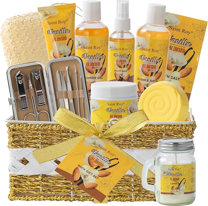 Bath & Body Gift Set, 20pcs Vanilla & Honey Almond Scents Bath Gift Baskets Home Spa Gift, Bath Spa Kit For Women and Men Luxury Home Spa Bath Gift Basket, Skin Care Gift Set, Spa Gifts, Pamper Gifts