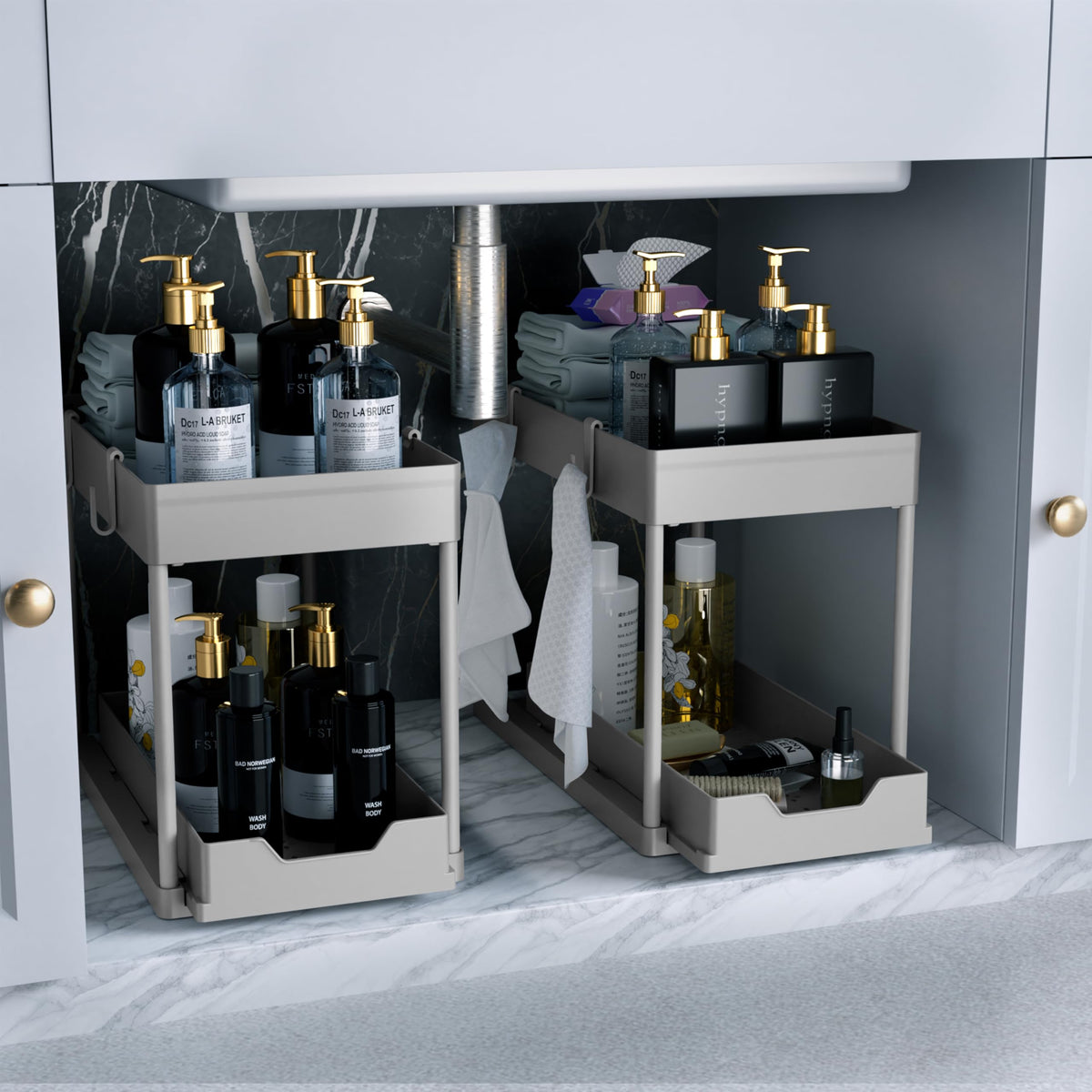 DEKAVA 2 Pack Under Sink Organizer, 2-Tier Sliding Cabinet Basket - Image 1
