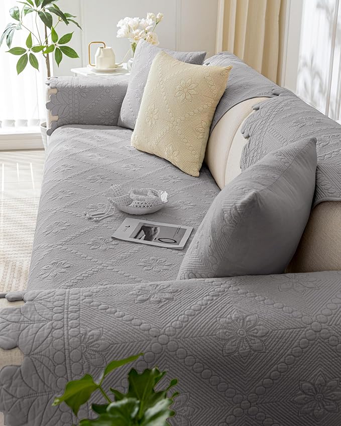Cotton Quilted Dog Couch Cover for Sofa Farmhouse Rustic Embroidery Sectional Couch Cover Soft Anti-Slip Sofa Slipcover Furniture Protector for Kids, Pets (Grey,36"x70")