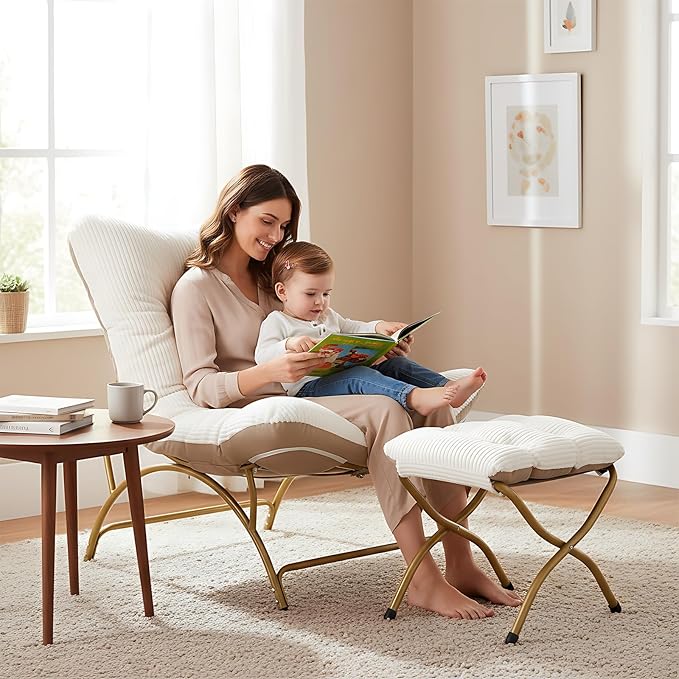 Welnow Modern Accent Chair with Ottoman, Upholstered Comfy Lounge Recliner Sofa, Thick Cushion Oversized Lazy Reading Chair with Footrest for Living Room, Bedroom, Apartment, Office, Dorm, Beige