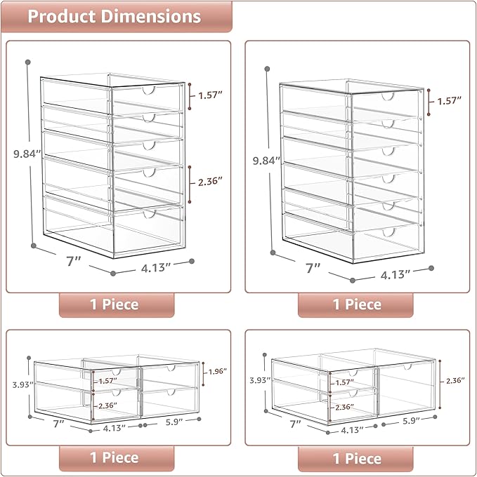 Sorbus Makeup Organizer With 18 Drawers, Acrylic Drawer Organizer for Makeup, Office Organization and Storage, Art Supplies, Jewelry, Stationary - 4 Pcs Clear Stackable Storage Bins Organizer Drawers