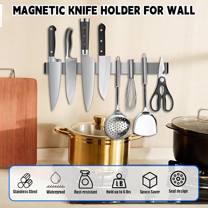 Magnetic Knife Holder for Wall - 12 Inch Stainless Steel Magnet Knife Strip No Drill with Adhesive Tape, Magnetic Knife Bar for Kitchen Utensil Organizer