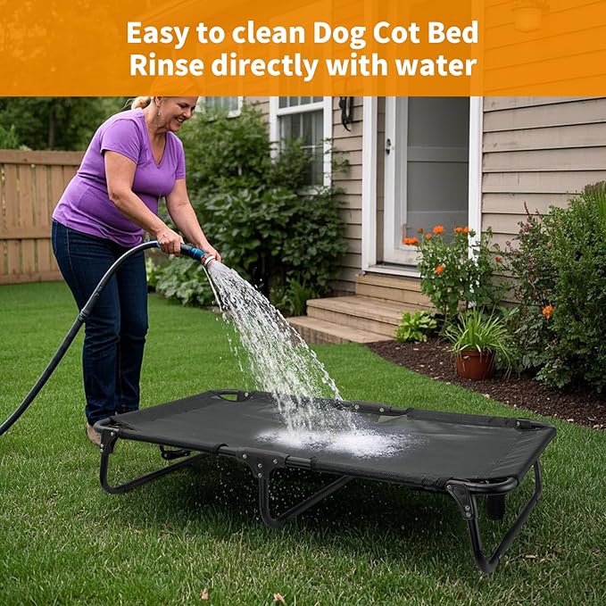 Foldable Elevated Dog Cot, No Assembly Need, Waterproof Folding Raised Dog Bed, Outdoor Dogs Cot Cooling Pet Hammock Bed with Breathable Mesh for Small Medium Size Dogs, Chew-Proof, Black