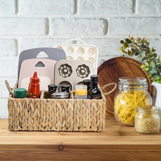 Water Hyacinth Storage Basket, 4 Section Natural Wicker Storage Bin, Woven Storage Organizer with Handle, Large Divided Basket for Shelves Countertop Bathroom Pantry, 16" L x 10.5" W x 5.5" H