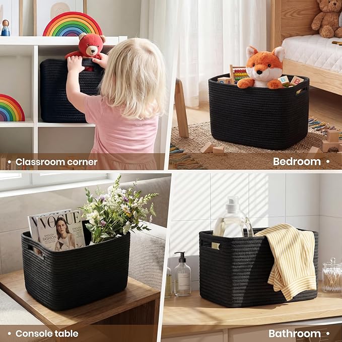 Storage Baskets for Organizing, 14 x 10 x 9” Closet Shelf Woven Baskets, Square Bins with Handles, Cotton Rope Basket for Toys, Clothes, Office, Room, Black 3 Pack