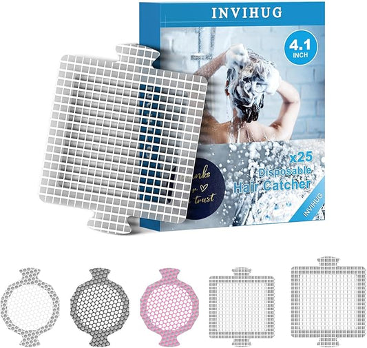 INVIHUG,25 Pack, Disposable Shower Drain Hair Catcher Mesh Stickers,Disposable Hair Drain Catcher. (4.1inch Square)