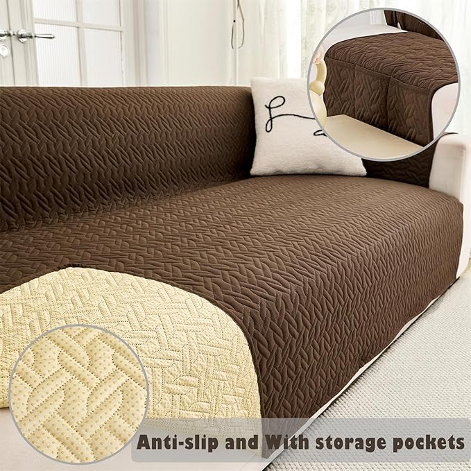 Cmfshape Skidproof Sofa Cover-Geometrical Couch Slipcover with Elastic Straps-Easy Fit Slip Cover-Washable Furniture Protector for Pets and Kids(Sofa66,Coffee)