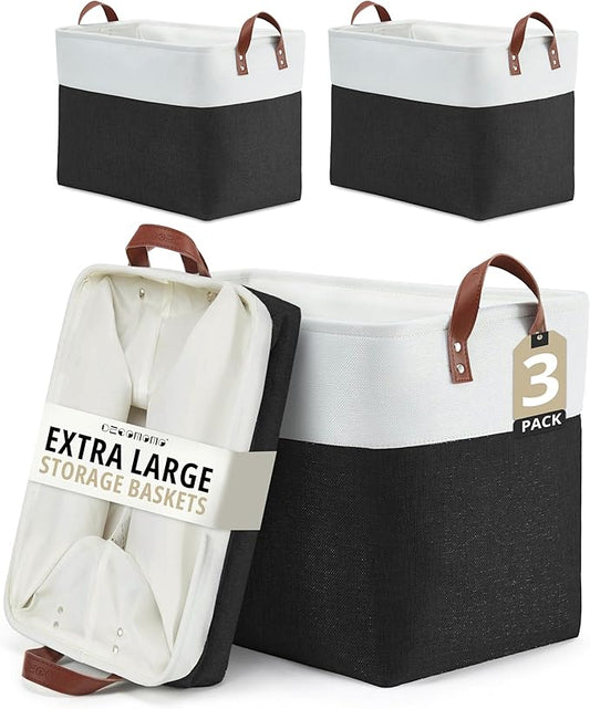 DECOMOMO Extra Large Storage Baskets, Fabric Storage Bins with Handles for Organizing Shelves, Toys, Nursery, Laundry (Black & White, 3pcs)
