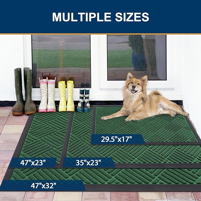 Smiry Front Door Mat Outside Entrance, Heavy Duty Outdoor Indoor Natural Rubber Doormat, Non Slip, Trap Dirt and Moisture, Easy Clean, Low Profile Patio Porch Entryway Mat, 71x23, Green