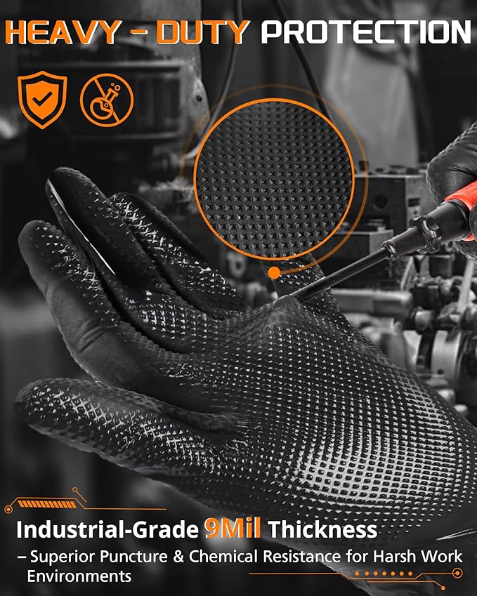wcy nitroshield 9mil Heavy Duty Disposable Nitrile Gloves, Black Medium 80Pcs -Chemical Resistant, Latex Powder Free Rubber Gloves Diamond Texture for Automotive, Mechanics, Cooking
