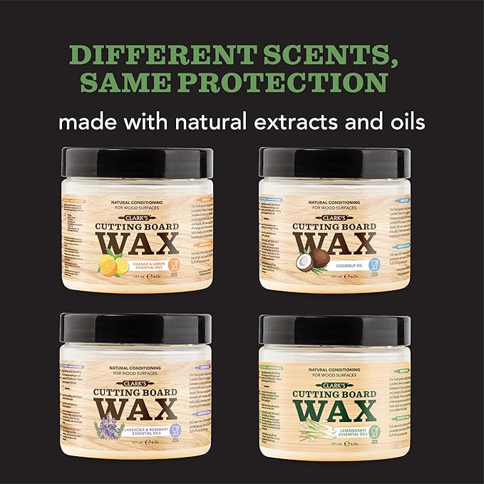 CLARK'S Cutting Board Wax - 2-in-1 Wood Butter & Food Grade Mineral Oil with Beeswax – Butcher Block Conditioner for Charcuterie & Cutting Boards – Lemongrass Essential Oil Scent – Made in USA, 6oz