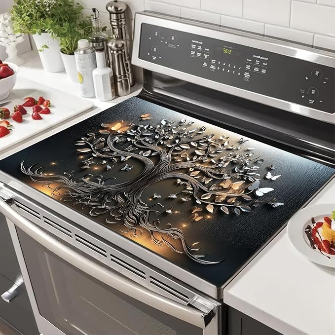 Stove Top Cover 28x20 Inch Diatomite Butterfly Tree Relief Kitchen Decor Glass Cooktop Protector Dish Drying Mat Coffee Mat Electric Stove Cover Mat Heat Resistant Pad