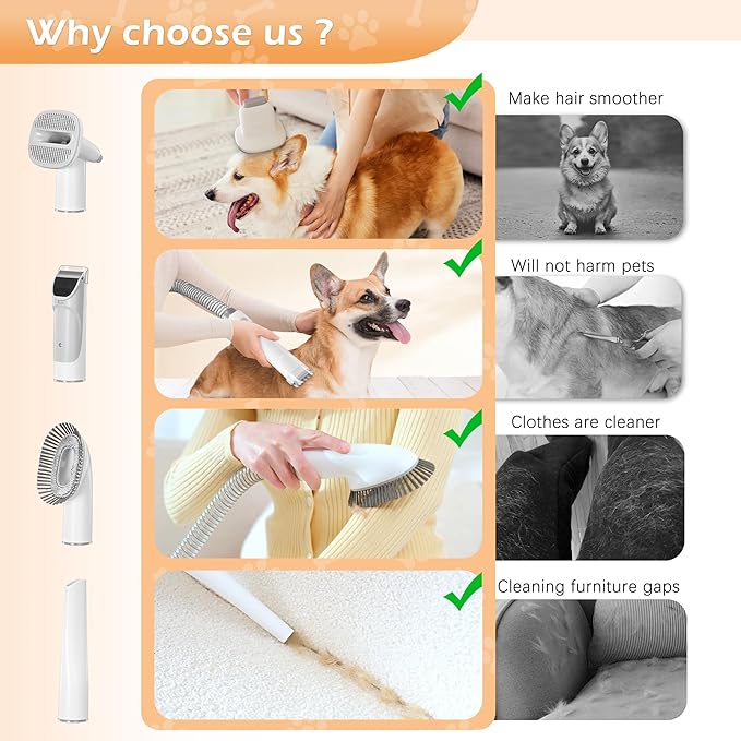 Dog Grooming Vacuum, Pet Grooming Vacuum Kit 2.3L Suction 99% Pet Hair with 5 Tools for Dog Cat for Shedding Grooming, Low Noise (Grey & White)