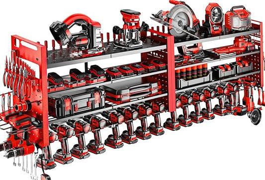 66" W Super Large Power Tool Organizer Wall Mount,Heavy Duty Cordless Tool Organizer with 18 Drill Holder,600 Lbs Capacity 4-Layer Garage Organization for Garage and Workshop (Red)