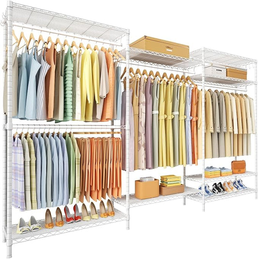 Ulif E13 Max Heavy Duty Clothes Rack（With 4 Hanger Rods & 8 Shelves） Freestanding Clothing Racks for Hanging Clothes，Adjustable Closet，Metal Garment Rack 86" W x16 D x77 H，Max Load 1100LBS，White
