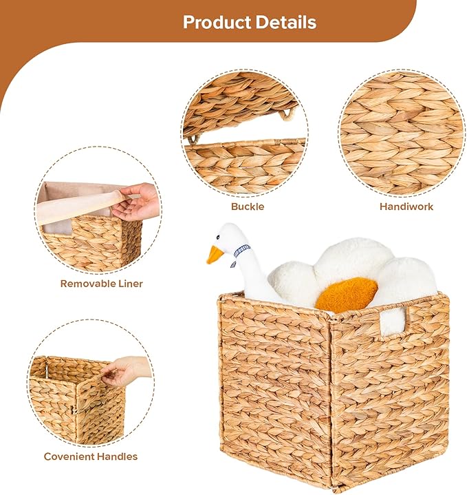 Wicker Storage Cubes, Water Hyacinth Storage Baskets with Handles & Liners, Natural Foldable Square Storage Baskets for Shelves, Wardrobes 10.3x10.3x10.7 Inch, Set of 2