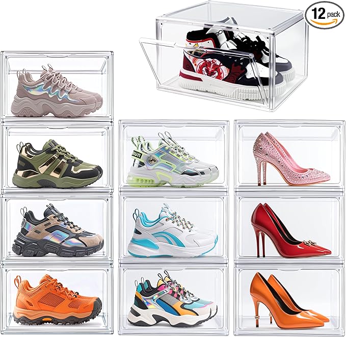 12 Pack Acrylic Sneakr Shoe Display Case, Size 12.5 Shoe Storage Boxes Clear Stackable Purse Handbag Organizer Under Bed Storage Bins with Magnetic Lids