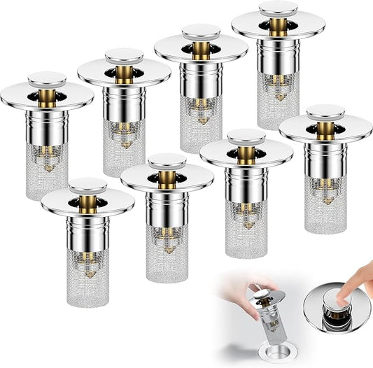 3 in 1 Sink Drain Strainer with Hair Catcher,8PCS Stainless Steel Popup Sink Stopper with Basket for Bathroom Kitchen Shower,Pop-up Bounce Core Floor Basin Drain Filter,Replacement Sink Plug