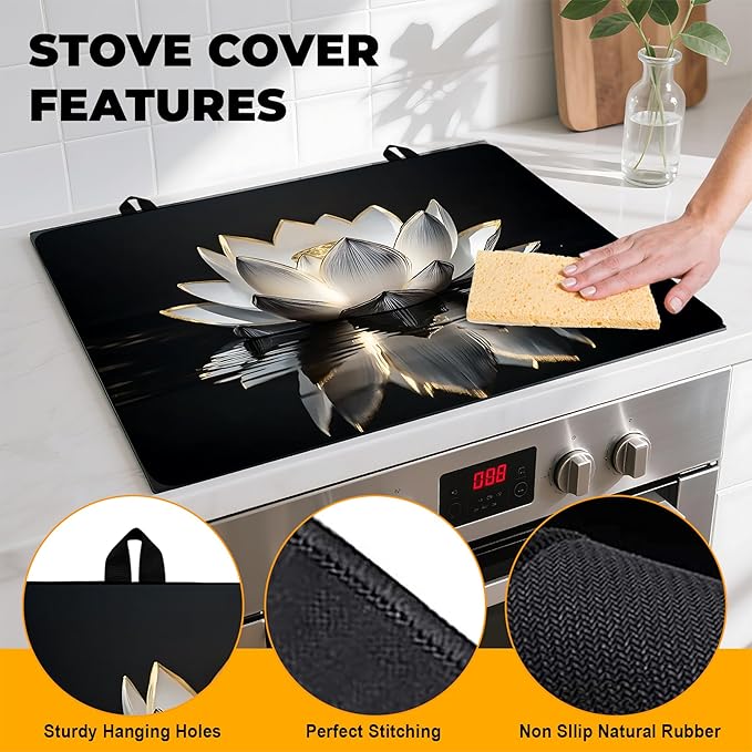 Stove Top Cover Flower Gas Stove Top Cover for Home Decoration Kitchen Pad Non-Stick Washable Cooktop Covers Countertop Protector Keep Stove Clean (White lotus, 28L"x20W")