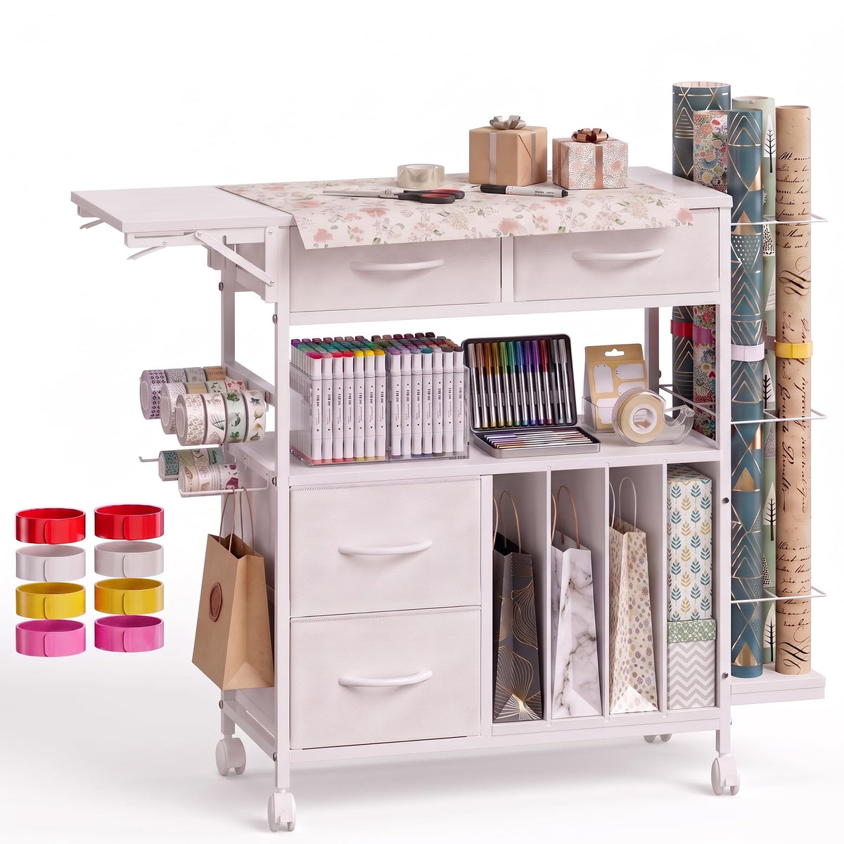 Wrapping Paper Storage Cart with Foldable Table, 3 Tier - Image 1