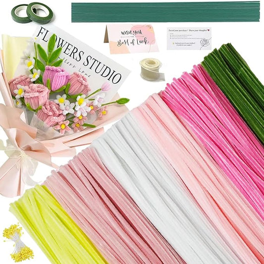 AHAMETON 620-Piece Pink Pipe Cleaner Complete Craft Kit - Enhanced Set with Flower Stems, Tape Rolls, Ribbon & Greeting Card for DIY Wedding Bouquets, Gift Projects