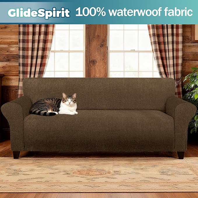 Waterproof Stretch Spandex Chair Sofa Slipcover - Non-Slip Soft Couch Cover with Elastic Bottom, Washable Leakproof Furniture Protector for Kids, Pets, Dogs & Cats (Chair, Chocolate)