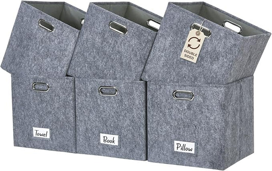 DECOMOMO Felt Storage Bins, 11 inch Cube Storage Bin with Labels for Shelves Kallax (Cube 11" / 6pcs, Dark Grey)