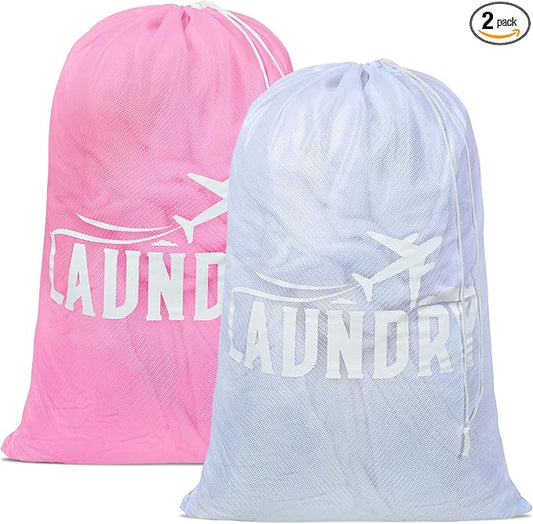 2 Pack Large Mesh Laundry Bag, Heavy Duty Laundry Bags with Drawstring, Laundry Hamper Liner, Machine Washable, for Travel, Storage, Sports, Dorms and Apartment Dwellers, 24 x 36 Inches (Pink+White)