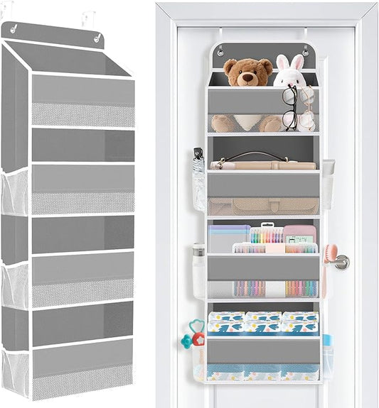 SpaceWhisper Over the Door Organizer, 4 Large Pocket Hanging Storage Organizer with 40lb Capacity, Space Saving for Nursery, Bathroom, Bedroom, Closet - Baby Essentials & Toiletry Organizer (Grey)