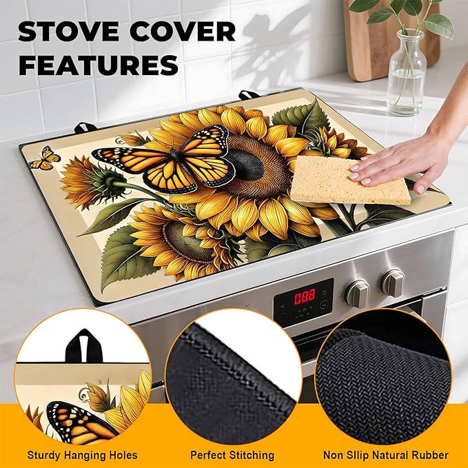 Stove Top Cover Flower Gas Stove Top Cover for Home Decoration Kitchen Pad Non-Stick Washable Cooktop Covers Countertop Protector Keep Stove Clean (Sunflower, 28L"x20W")