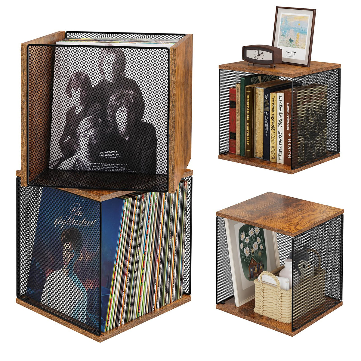 2 Cubes Record Holder Shelf Storage Furniture, Wooden - Image 1