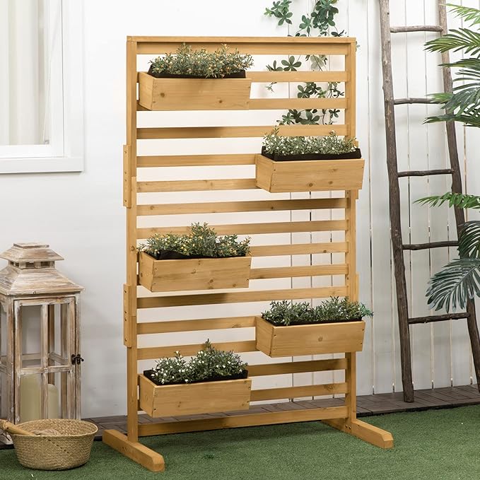 Outsunny Wooden Plant Trellis Stand with 5 Hanging Planter Boxes, Freestanding Outdoor Plant Stand for Patio, Garden, Balcony, Porch