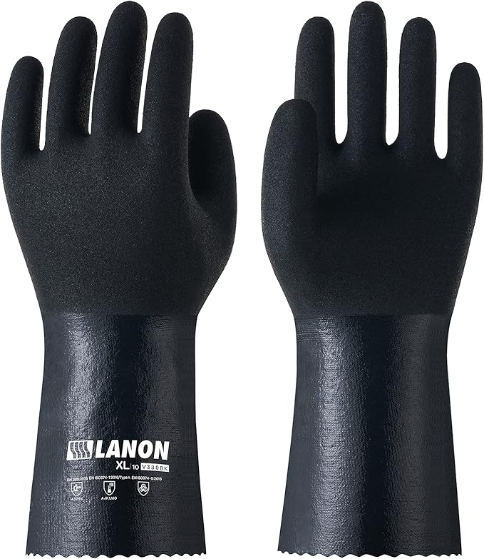 LANON Nitrile Chemical Resistant Gloves, Reusable Heavy-Duty Rubber Gloves with MicroFoam Textured Palm, Acid, Alkali and Oil Protection, Black, XXL