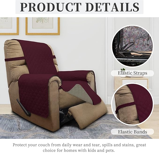 ISSUNTEX Double Protection 100% Waterproof Recliner Covers for Living Room, Reversible Furniture Protector Recliner Couch Sofa Slipcover for Dogs, Pets, Kids (Recliner, Wine/Beige)