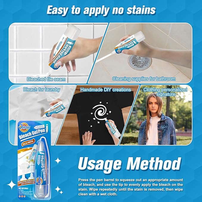 Dual-Tip Bleach Pen for White Clothes & Grout - 2-in-1 Portable Stain Remover & Bleach Gel Pen with Brush Head, Non-Drip Instant Cleaner for Travel, Bathroom Lines & DIY Design (1.76 Fl Oz, Lemon)