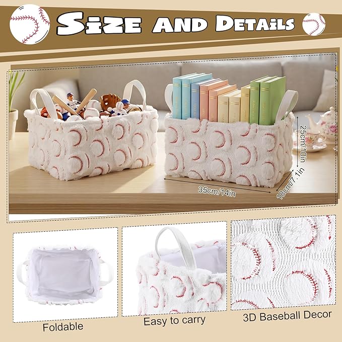 2 Pcs White Baseball Storage Baskets 14x10 Inch Easter Baskets Baseball Laundry Foldable Fluffy Storage Bin with Handle Sport Home Decor Closet Organizer for Countertop Tabletop Car