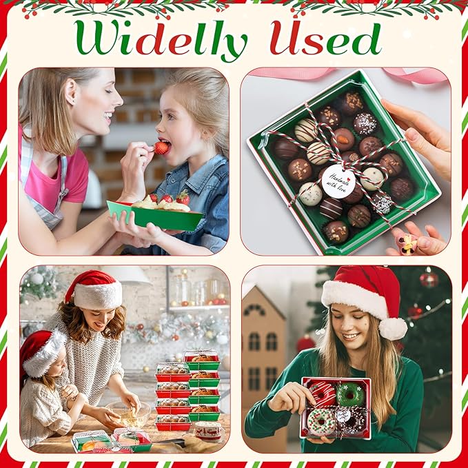Outus 100 Pack Charcuterie Boxes with Clear Lids, 5.7 x 5.1 '', Mother 's Day Back to School Paper Food Containers Cake Take out Bakery Boxes with Gift Tags Rope for Desserts(Green,Red,Christmas)
