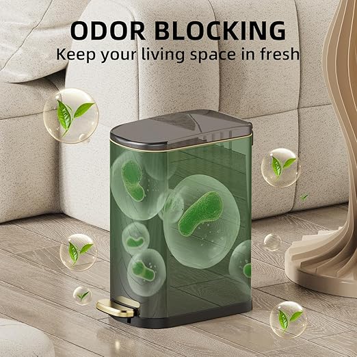 2.6 Gal Bathroom Trash Can with Soft Close Stay Open Lid, Small Rectangular 10L Stainless Steel Waste bin for Narrow Space, Waterproof, Odor Protection, Titanium Black