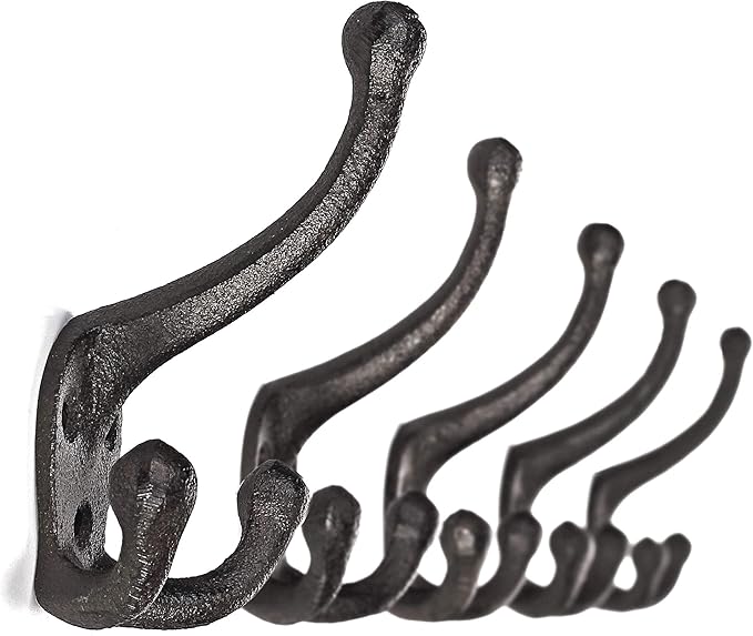 Ambipolar 5-Pack TriLeg Coat Hooks. Wall Mounted, Heavy Duty Decorative Black Wall Hooks for Mudroom, Hat Rack, Purse Hooks. Cast Iron Decorative ‎Antique Black Hooks