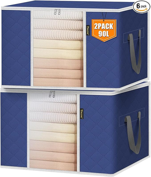 BALEINE 2 Pack Clothes Storage Bags, 24 Gallon Storage Containers with Reinforced Handle, Sturdy Zipper, Closet Organizer for Blanket, Comforter, Pillow, Bedding (Blue, 2 Pack)