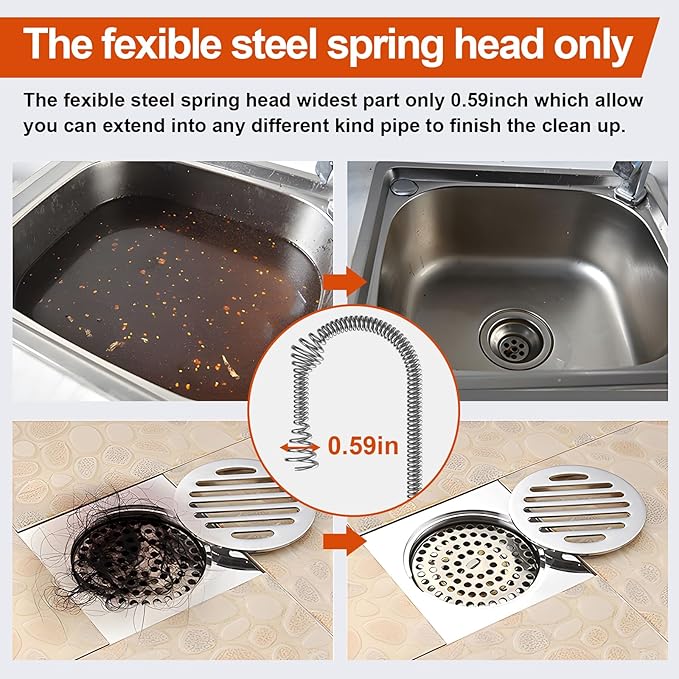 KINGLEV Drain Snake, 50ft Flexible Steel Drain Auger With Drill Adapter, Heavy Duty Sink Plumbing Unblocking Hand Auger, Manual Or Powered for Shower & Bathtub Clogs-No auto retract or feed