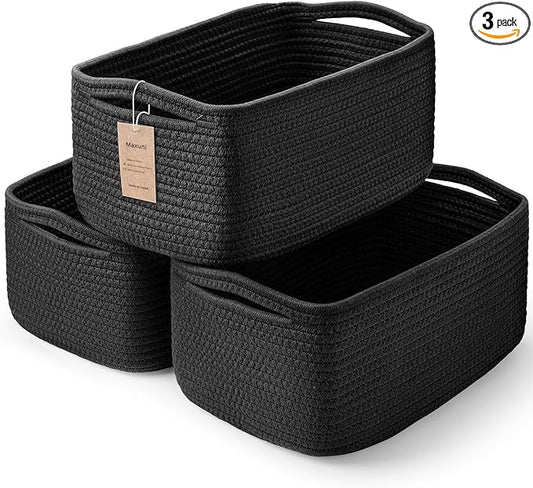 3-Pack Storage Baskets for Organizing | Woven Shelf Toy Basket | Rope Baskets for Gifts Empty | Closet Organizer Bins with Handles | Cube Decorative Box | 13.7×7.1×6.7” | Mixed Black