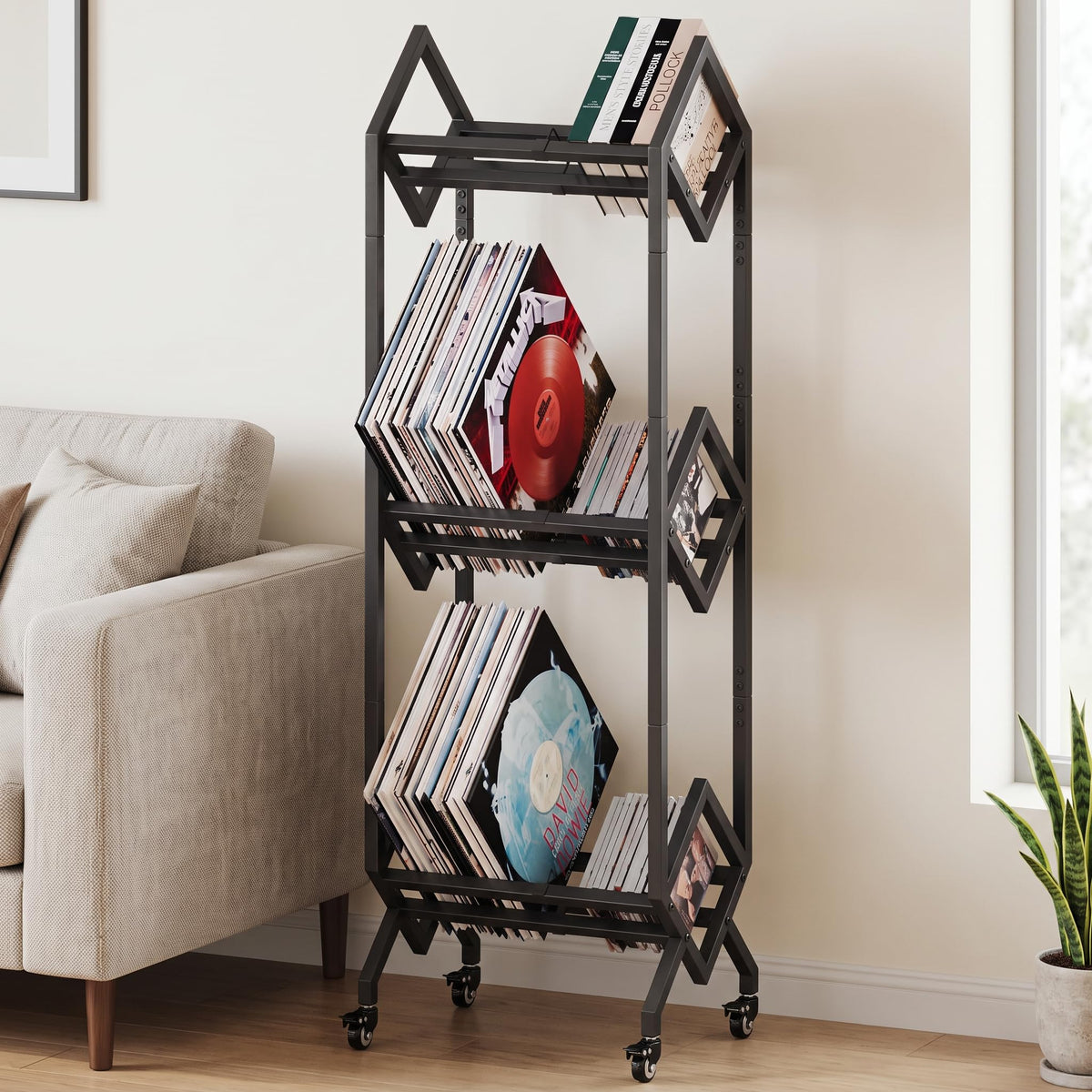 3 Tier Vinyl Record Storage Rack with Casters, Black Metal - Image 1
