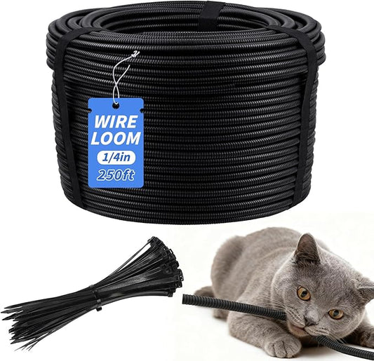 250FT Split Wire Loom Tubing, 1/4 Inch Wire Protector Tubing, Automotive Wire Flexible Conduit Cord Covers with 20 Cable Ties for Automotive Marine RV Agriculture Electrical Cable Protection