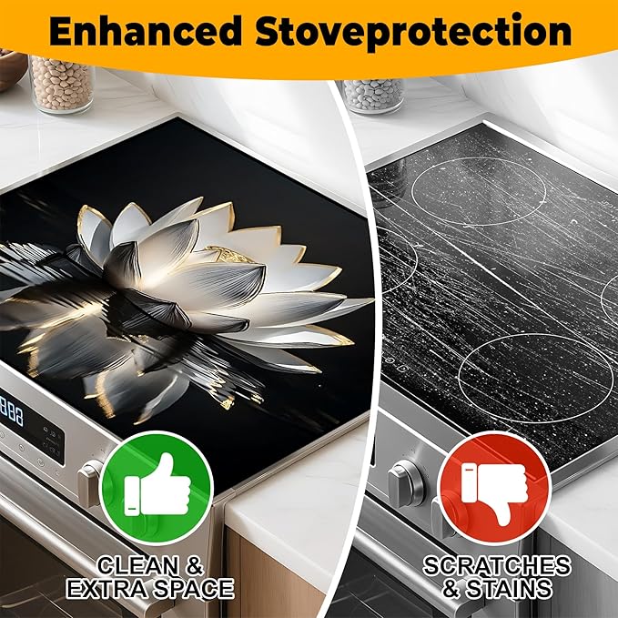Stove Top Cover Flower Gas Stove Top Cover for Home Decoration Kitchen Pad Non-Stick Washable Cooktop Covers Countertop Protector Keep Stove Clean (White lotus, 28L"x20W")
