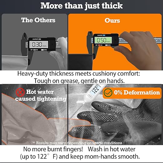 Thick Rubber Cleaning Gloves - 1 Pair Black Rubber Gloves for Dishwashing Large, Non-Slip Kitchen Gloves for Washing Dishes, Reusable Cleaning Gloves, Waterproof, Heavy-Duty (1P,L)