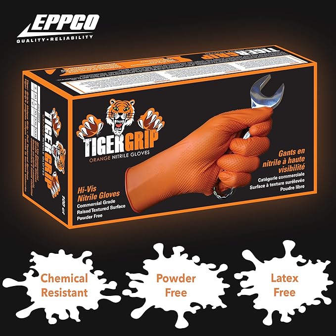EPPCO TigerGrip 8-Mil Nitrile Glove Disposable Powder, Latex Free Textured Superior Grip Orange Gloves, XXL, Box of 90