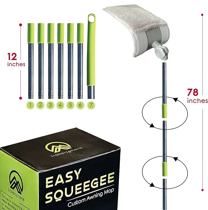 Easy Squeegee Customized Professional RV and Home Awning mop Rotating and Lockable Head, extendable Pole with Dual Sided mop pad, Reusable Awning mop pad, Machine Washable