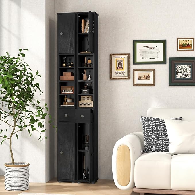 Giantex Slim Bathroom Storage Cabinet - 71” Tall Narrow Floor Cabinet Cupboard with 2 Doors, 5 Adjustable Shelves, 1 Drawer, Anti-Tipping Device, Thin Linen Tower Cabinet for Living Room (1, Black)